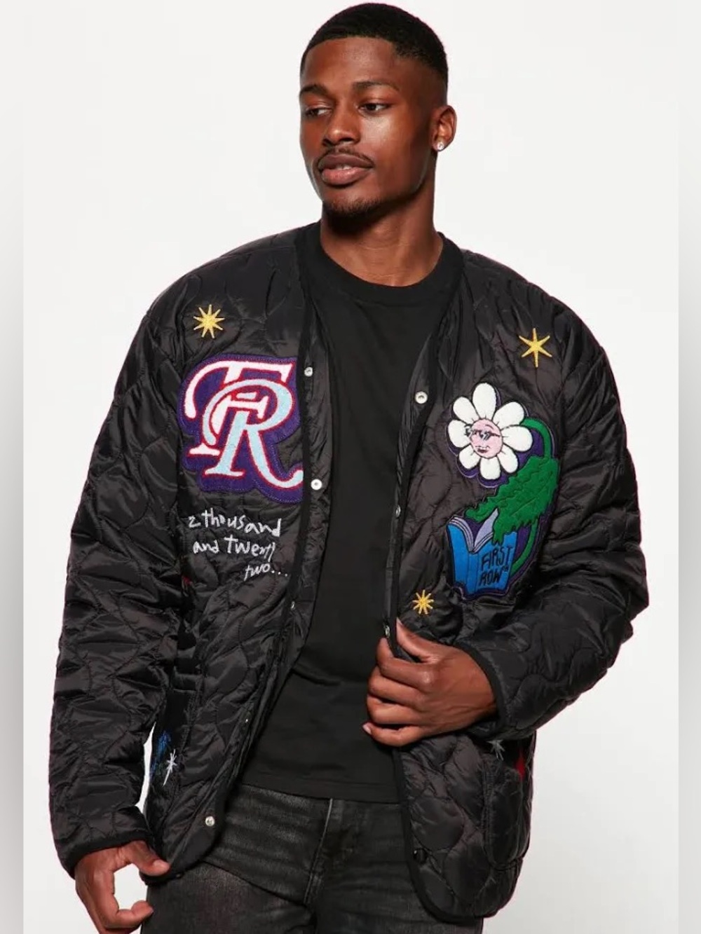 First Row Quilted Padding Bomber Jacket With Patchwork - Picture 9 of 9